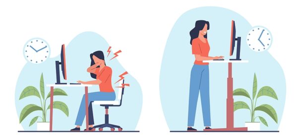 Woman works in an office sitting at computer or standing using standing desk. Home or office workplace. Ergonomic table, healthy workstation. Cartoon flat style isolated vector concept