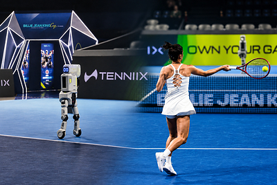 A tennis player playing against the Tenniix Ultra Max robot